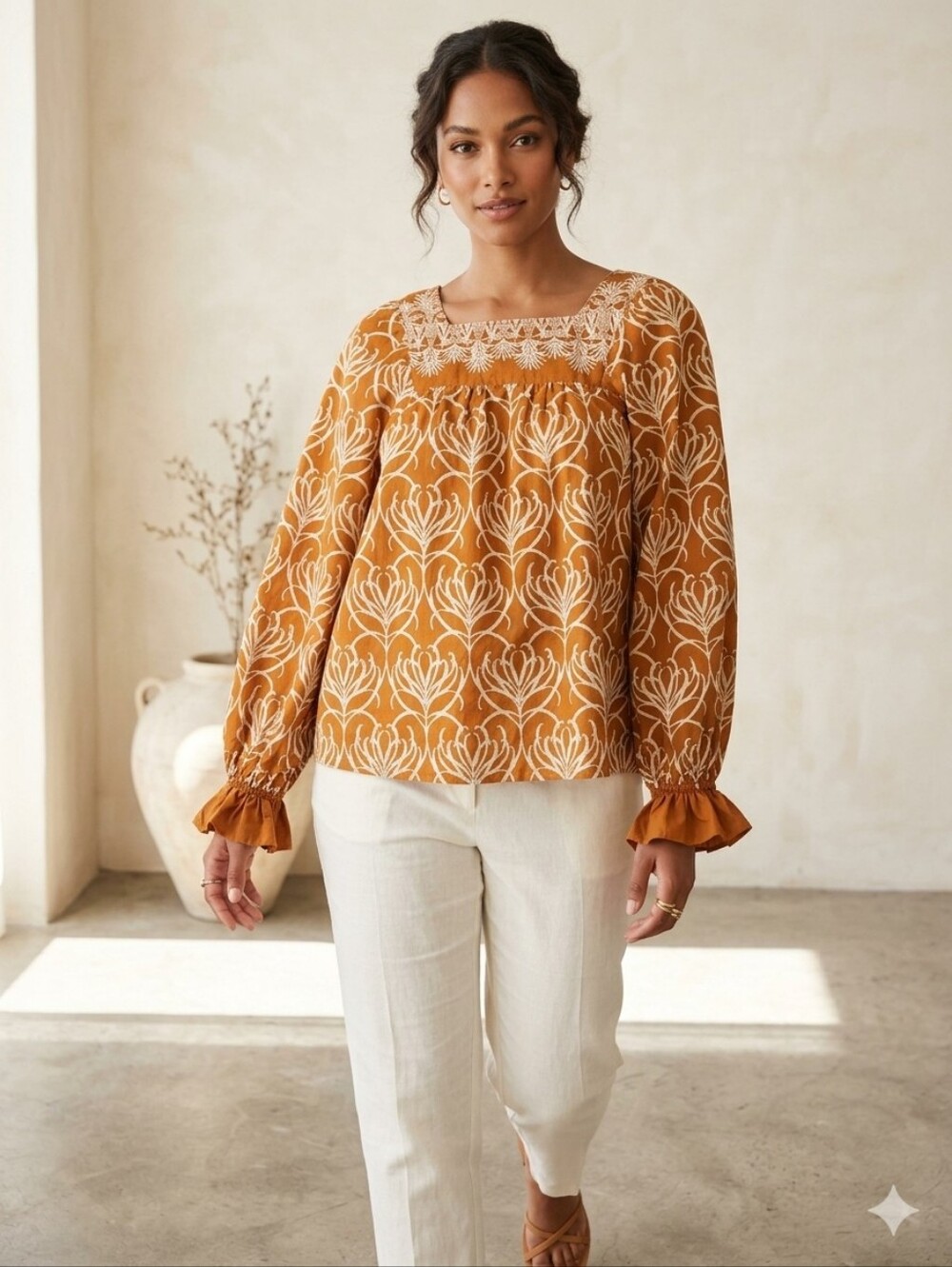 Smocked Yoke Floral Peasant Blouse - Mustard